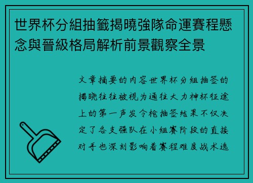 世界杯分組抽籤揭曉強隊命運賽程懸念與晉級格局解析前景觀察全景