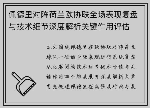 佩德里对阵荷兰欧协联全场表现复盘与技术细节深度解析关键作用评估