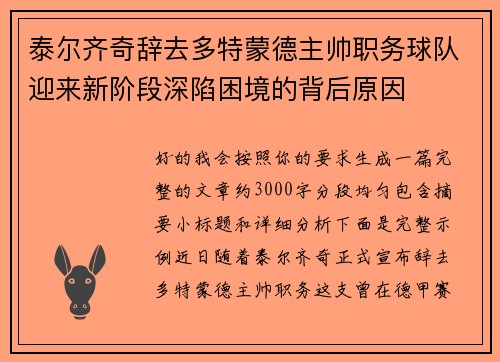 泰尔齐奇辞去多特蒙德主帅职务球队迎来新阶段深陷困境的背后原因
