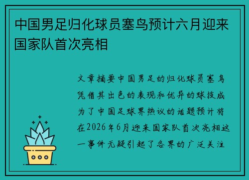 中国男足归化球员塞鸟预计六月迎来国家队首次亮相